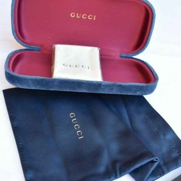 Gucci Velvet Hard Eyeglass Sunglass Case w Satin Bag, Cloth - Blue, Small, NEW - Picture 1 of 7